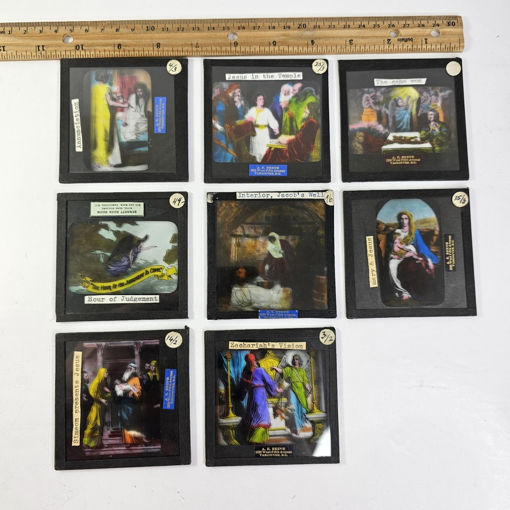 Antique Magic Lantern Slides Religious Biblical Set Reeve Vancouver Glass 8pcs